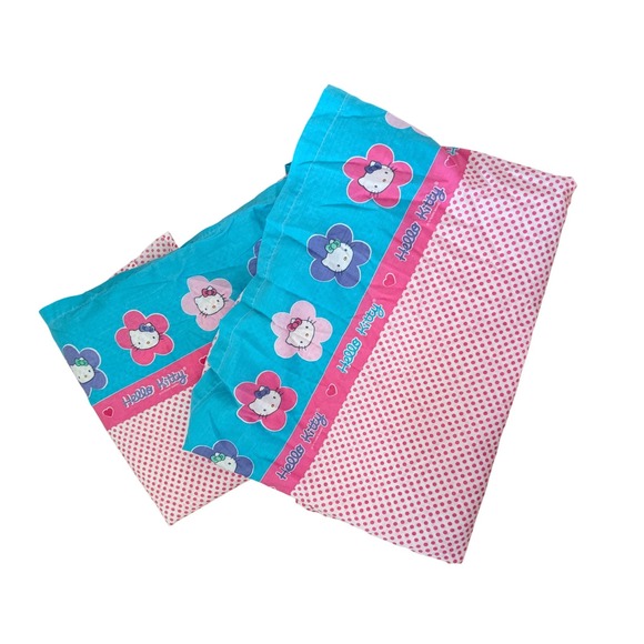 Sanrio Other - Vintage Sanrio Hello Kitty Pink Polka Dot Teal Flower Flat‎ Sheets Pillowcase